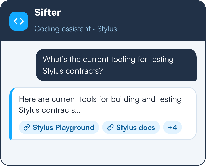 Chat with Sifter: someone asks what tools exist for testing Stylus contracts, and the answer comes with its sources.