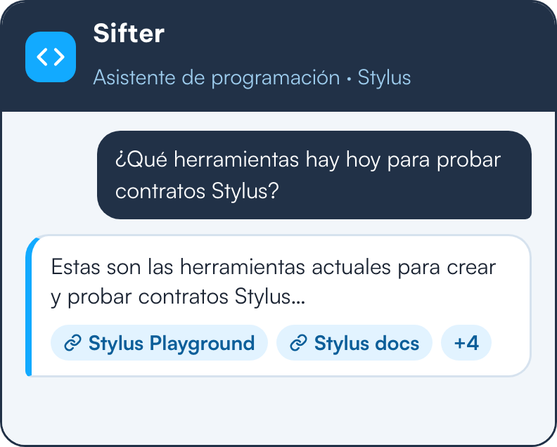 Conversación con Sifter: alguien pregunta qué herramientas hay para probar contratos Stylus, y la respuesta llega con las fuentes.