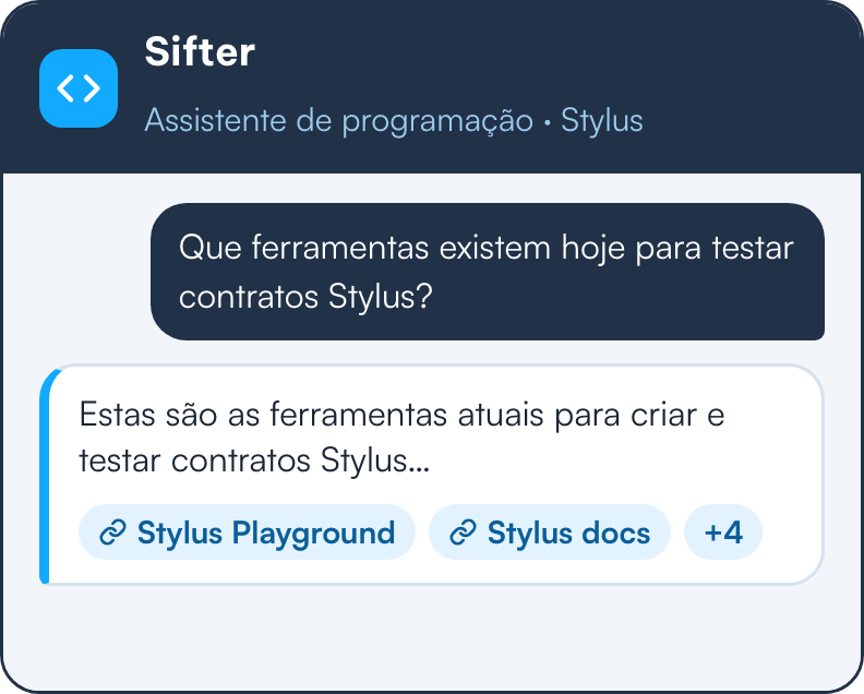 Conversa com o Sifter: alguém pergunta que ferramentas existem para testar contratos Stylus, e a resposta vem com as fontes.