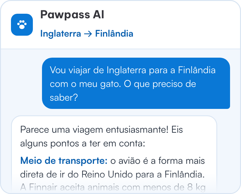 Conversa com o Pawpass AI: alguém pergunta o que precisa de saber para viajar de Inglaterra para a Finlândia com o gato, e o assistente começa pelo meio de transporte.