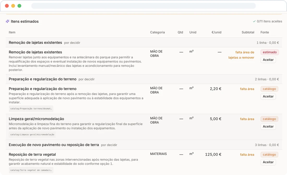 CRM screen with a list of quote items proposed by AI, each with category, unit, price, source and a button to accept it.
