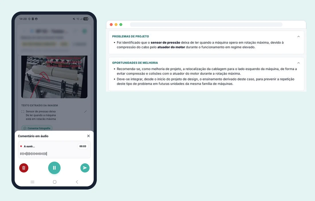 Ecrã da app no telemóvel: fotografia de uma máquina com o texto extraído da imagem e uma nota de voz a ser gravada. Ao lado, o relatório no computador, com problemas e melhorias identificados.